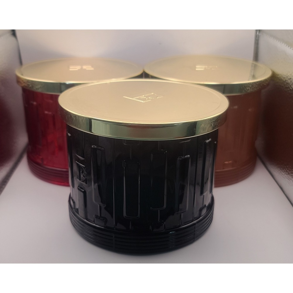 3 Elton John EMPTY Candle jars W/ Lids & E logo Piano Key Black Gold Red ReUse
